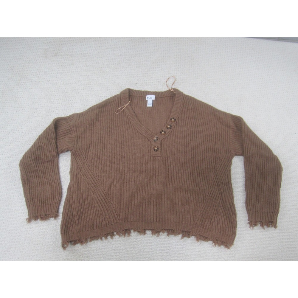 rue+ Sweater Womens 1X Brown Rib Knit V-Neck Henley Distressed Hem Buttons‎